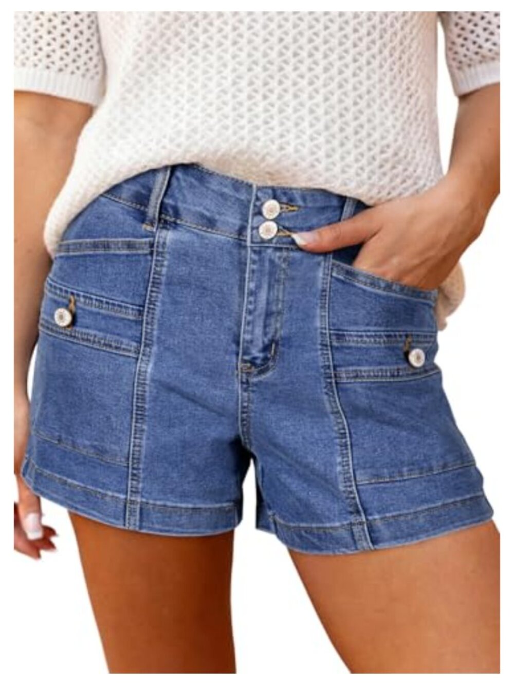 High Waisted Cuffed Hem Denim Jean Shorts Women Double Button Front